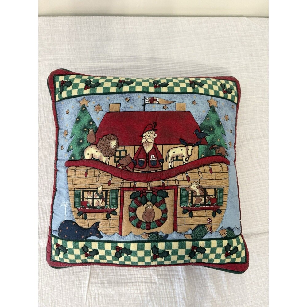 Christmas Santa /Noah’s Ark With Animals Quilted Pillow Cover With Zipper Only